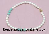 CFN314 9 - 10mm rice white freshwater pearl & amazonite necklace wholesale