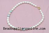 CFN318 9 - 10mm rice white freshwater pearl & morganite necklace wholesale