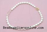 CFN322 9 - 10mm rice white freshwater pearl & rose quartz necklace wholesale