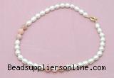 CFN324 9 - 10mm rice white freshwater pearl & pink opal necklace wholesale