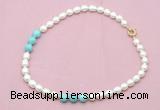 CFN326 9 - 10mm rice white freshwater pearl & blue howlite necklace wholesale