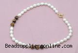 CFN328 9 - 10mm rice white freshwater pearl & yellow tiger eye necklace wholesale