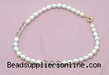 CFN331 9 - 10mm rice white freshwater pearl & white crystal necklace wholesale