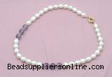 CFN332 9 - 10mm rice white freshwater pearl & amethyst necklace wholesale