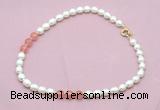 CFN334 9 - 10mm rice white freshwater pearl & cherry quartz necklace wholesale