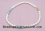 CFN335 9 - 10mm rice white freshwater pearl & aquamarine necklace wholesale