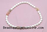 CFN337 9 - 10mm rice white freshwater pearl & rainbow moonstone necklace wholesale