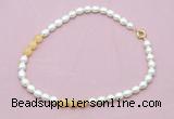 CFN342 9 - 10mm rice white freshwater pearl & honey jade necklace wholesale