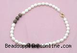 CFN346 9 - 10mm rice white freshwater pearl & bronzite necklace wholesale