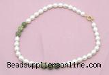 CFN348 9 - 10mm rice white freshwater pearl & China jade necklace wholesale