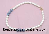 CFN350 9 - 10mm rice white freshwater pearl & blue spot stone necklace wholesale