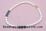 CFN351 9 - 10mm rice white freshwater pearl & dumortierite necklace wholesale