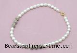 CFN352 9 - 10mm rice white freshwater pearl & feldspar necklace wholesale