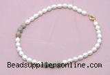 CFN357 9 - 10mm rice white freshwater pearl & serpentine jasper necklace wholesale