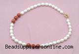 CFN361 9 - 10mm rice white freshwater pearl & red jasper necklace wholesale