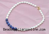 CFN403 9-10mm rice white freshwater pearl & lapis lazuli necklace