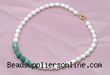 CFN407 9-10mm rice white freshwater pearl & green banded agate necklace