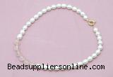 CFN414 9 - 10mm rice white freshwater pearl & rose quartz necklace