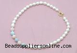 CFN415 9 - 10mm rice white freshwater pearl & morganite necklace