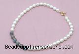 CFN418 9 - 10mm rice white freshwater pearl & labradorite necklace