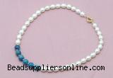 CFN419 9 - 10mm rice white freshwater pearl & apatite necklace