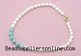 CFN421 9 - 10mm rice white freshwater pearl & amazonite necklace