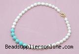 CFN422 9 - 10mm rice white freshwater pearl & blue howlite necklace wholesale