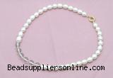 CFN431 9 - 10mm rice white freshwater pearl & white crystal necklace