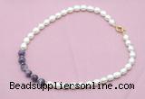 CFN433 9 - 10mm rice white freshwater pearl & dogtooth amethyst necklace