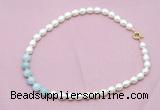 CFN435 9 - 10mm rice white freshwater pearl & aquamarine gemstone necklace