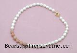 CFN436 9 - 10mm rice white freshwater pearl & moonstone gemstone necklace