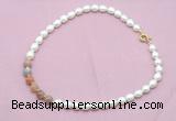 CFN437 9 - 10mm rice white freshwater pearl & rainbow moonstone necklace