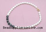 CFN439 9 - 10mm rice white freshwater pearl & snowflake obsidian necklace