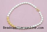 CFN442 9 - 10mm rice white freshwater pearl & honey jade necklace