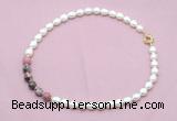 CFN445 9 - 10mm rice white freshwater pearl & rhodonite gemstone necklace