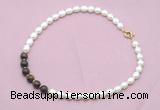 CFN446 9 - 10mm rice white freshwater pearl & bronzite gemstone necklace