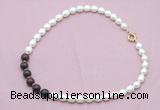 CFN454 9 - 10mm rice white freshwater pearl & brecciated jasper necklace