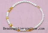 CFN522 9mm - 10mm potato white freshwater pearl & yellow banded agate necklace