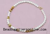 CFN526 9mm - 10mm potato white freshwater pearl & golden tiger eye necklace