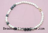 CFN539 9mm - 10mm potato white freshwater pearl & snowflake obsidian necklace