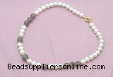 CFN543 9mm - 10mm potato white freshwater pearl & grey agate necklace