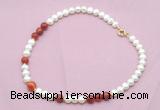 CFN544 9mm - 10mm potato white freshwater pearl & red banded agate necklace