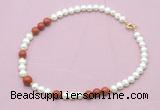 CFN561 9mm - 10mm potato white freshwater pearl & red jasper necklace