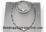 CFN611 4mm faceted round black rutilated quartz & potato white freshwater pearl jewelry set