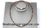 CFN638 4mm faceted round picasso jasper & potato white freshwater pearl jewelry set