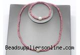 CFN642 4mm faceted round pink wooden jasper & potato white freshwater pearl jewelry set