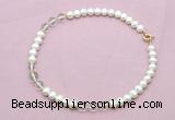 CFN710 9mm - 10mm potato white freshwater pearl & white crystal necklace