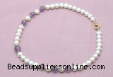 CFN712 9mm - 10mm potato white freshwater pearl & amethyst necklace