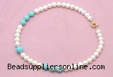 CFN725 9mm - 10mm potato white freshwater pearl & blue howlite necklace