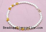 CFN729 9mm - 10mm potato white freshwater pearl & yellow banded agate necklace